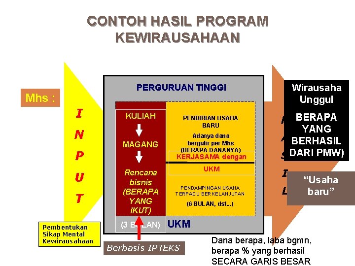 CONTOH HASIL PROGRAM KEWIRAUSAHAAN Wirausaha Unggul PERGURUAN TINGGI Mhs : I N P U