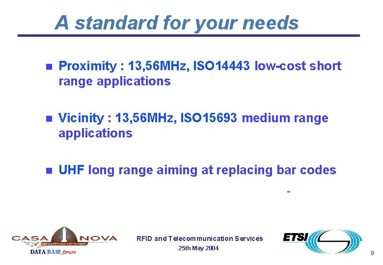 A standard for your needs n Proximity : 13, 56 MHz, ISO 14443 low-cost