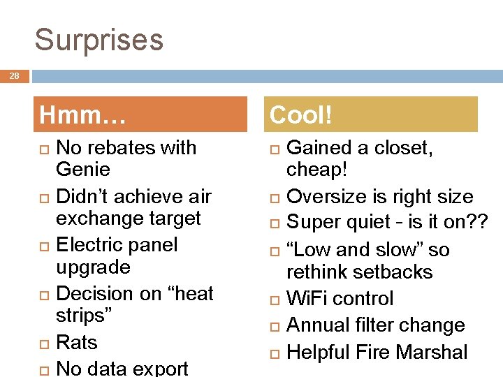 Surprises 28 Hmm… No rebates with Genie Didn’t achieve air exchange target Electric panel