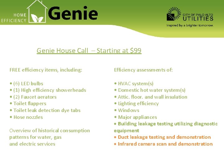 Genie House Call – Starting at $99 FREE efficiency items, including: Efficiency assessments of: