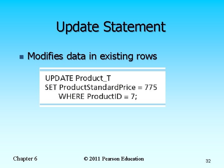Update Statement n Modifies data in existing rows Chapter 6 © 2011 Pearson Education