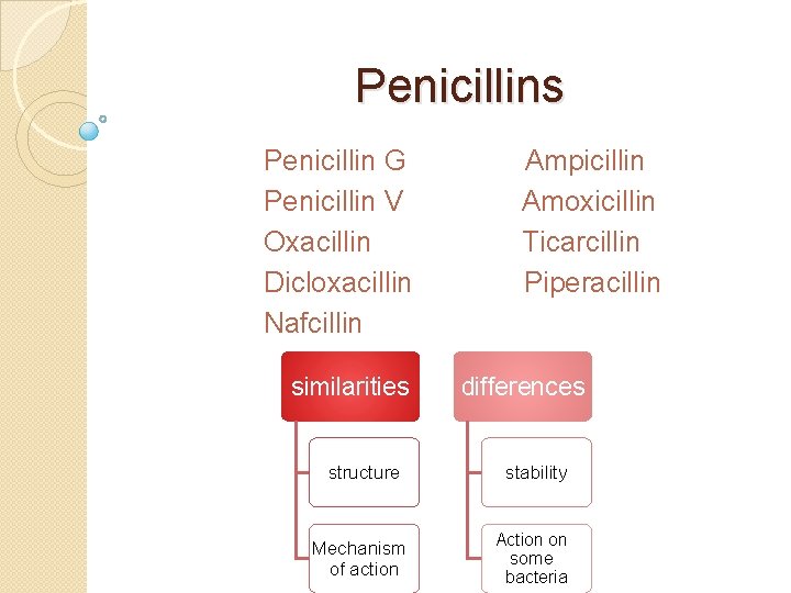 Penicillins Penicillin G Ampicillin Penicillin V Amoxicillin Oxacillin Ticarcillin Dicloxacillin Piperacillin Nafcillin similarities differences