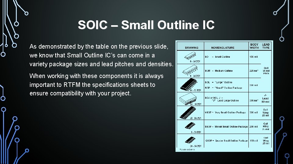 SOIC – Small Outline IC As demonstrated by the table on the previous slide,