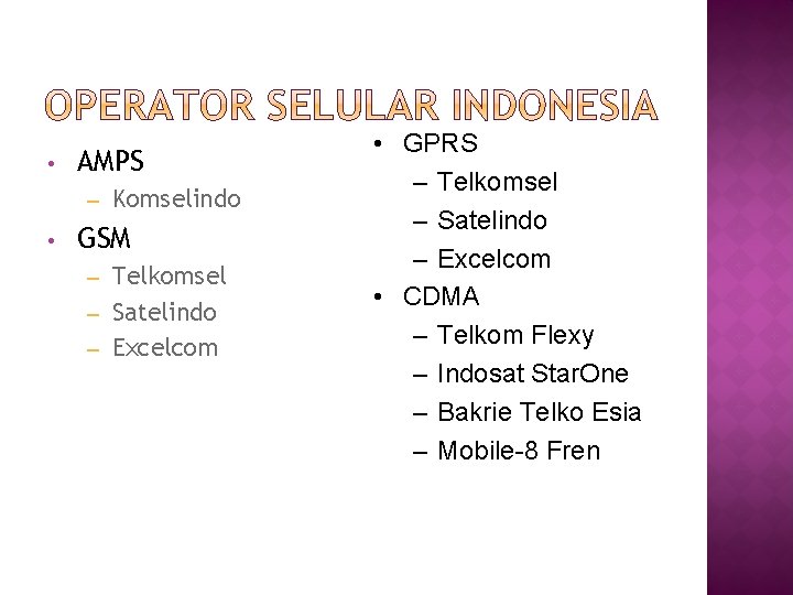  • AMPS – • Komselindo GSM Telkomsel – Satelindo – Excelcom – •