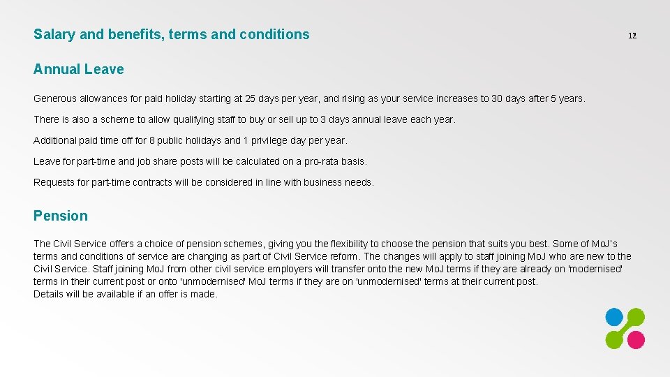 Salary and benefits, terms and conditions 12 Annual Leave Generous allowances for paid holiday
