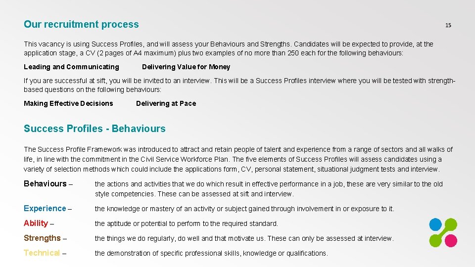 Our recruitment process 15 This vacancy is using Success Profiles, and will assess your
