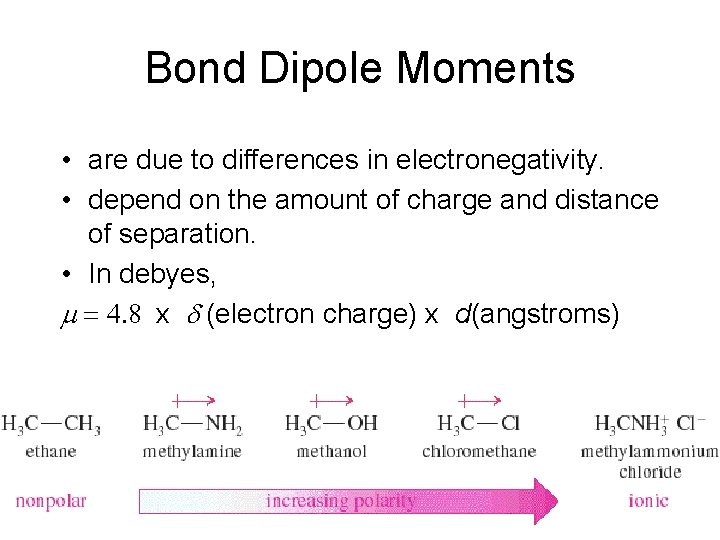 Bond Dipole Moments • are due to differences in electronegativity. • depend on the