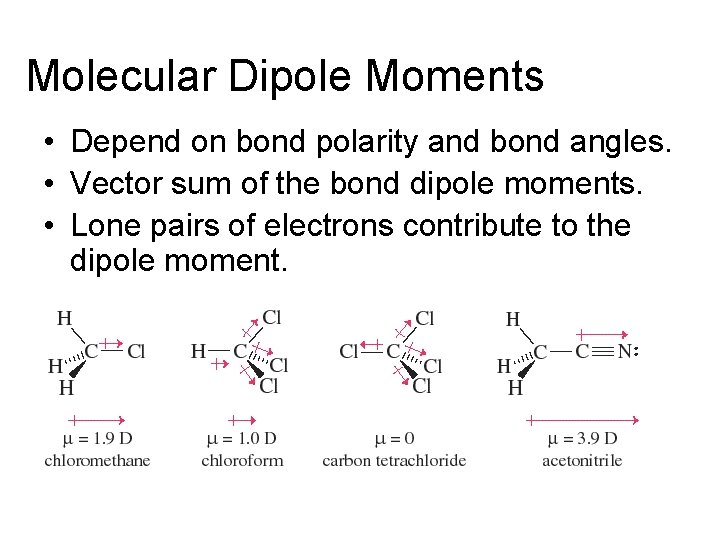Molecular Dipole Moments • Depend on bond polarity and bond angles. • Vector sum