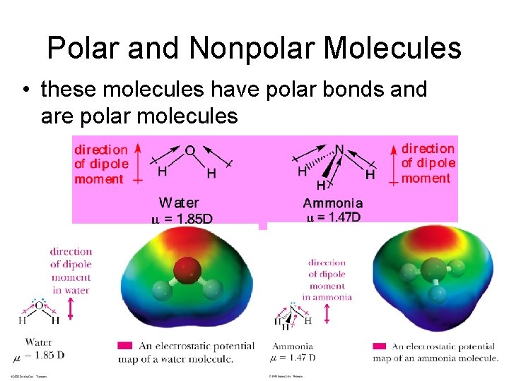 Polar and Nonpolar Molecules • these molecules have polar bonds and are polar molecules