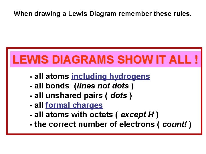 When drawing a Lewis Diagram remember these rules. LEWIS DIAGRAMS SHOW IT ALL !