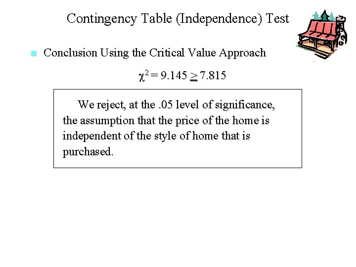 Contingency Table (Independence) Test n Conclusion Using the Critical Value Approach c 2 = Contingency Table (Independence) Test n Conclusion Using the Critical Value Approach c 2 =