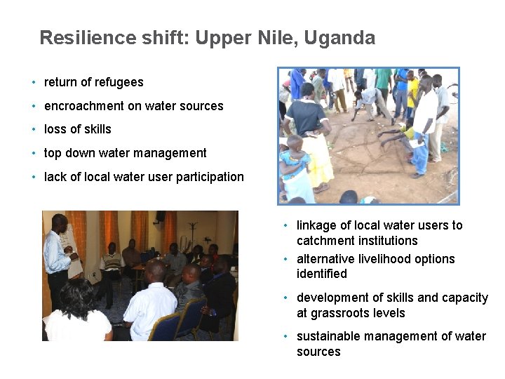 Resilience shift: Upper Nile, Uganda • return of refugees • encroachment on water sources