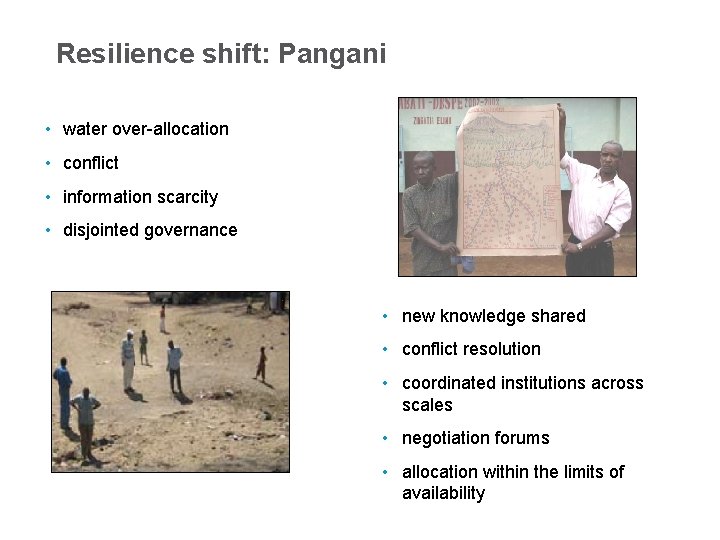 Resilience shift: Pangani • water over-allocation • conflict • information scarcity • disjointed governance