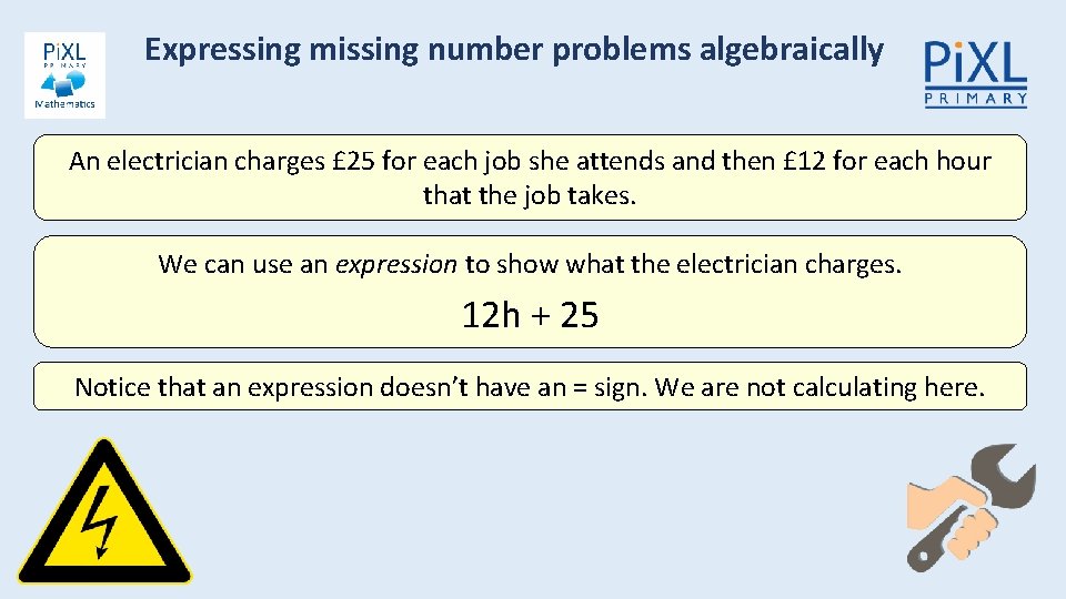 Expressing missing number problems algebraically An electrician charges £ 25 for each job she