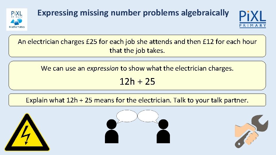 Expressing missing number problems algebraically An electrician charges £ 25 for each job she