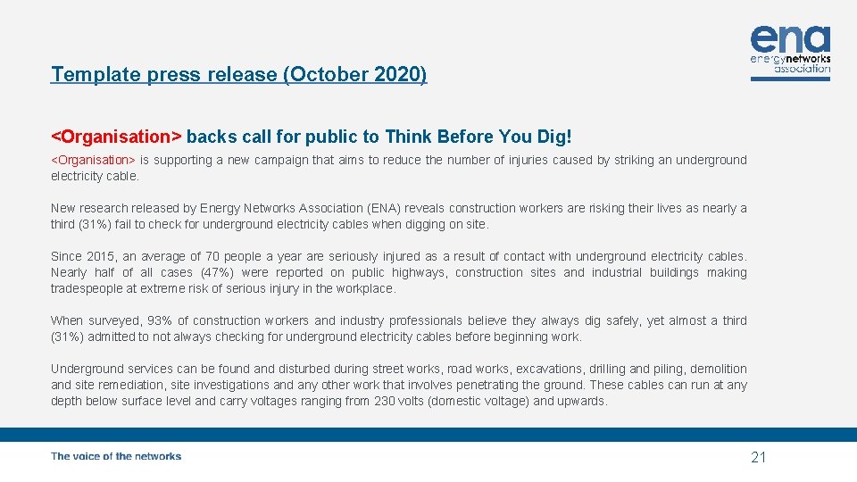 Template press release (October 2020) <Organisation> backs call for public to Think Before You