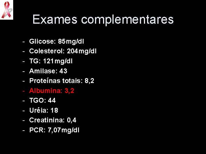 Exames complementares - Glicose: 85 mg/dl Colesterol: 204 mg/dl TG: 121 mg/dl Amilase: 43