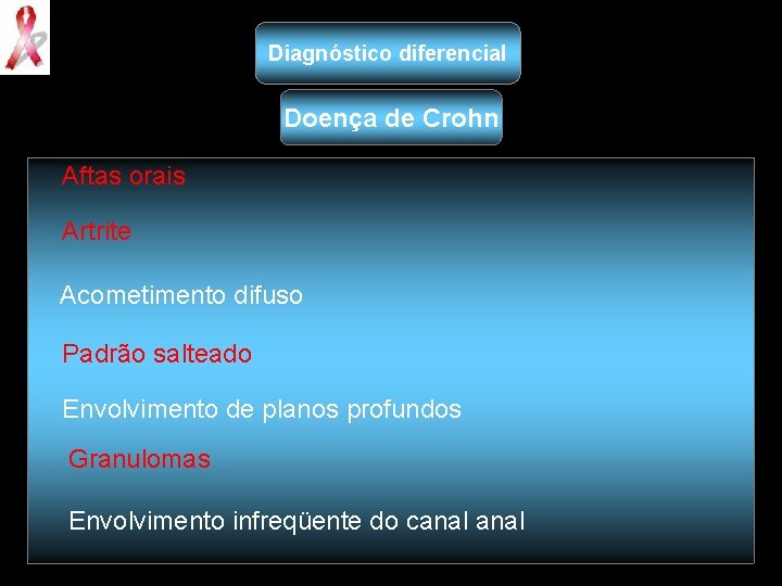 Diagnóstico diferencial Doença de Crohn Aftas orais Artrite Acometimento difuso Padrão salteado Envolvimento de