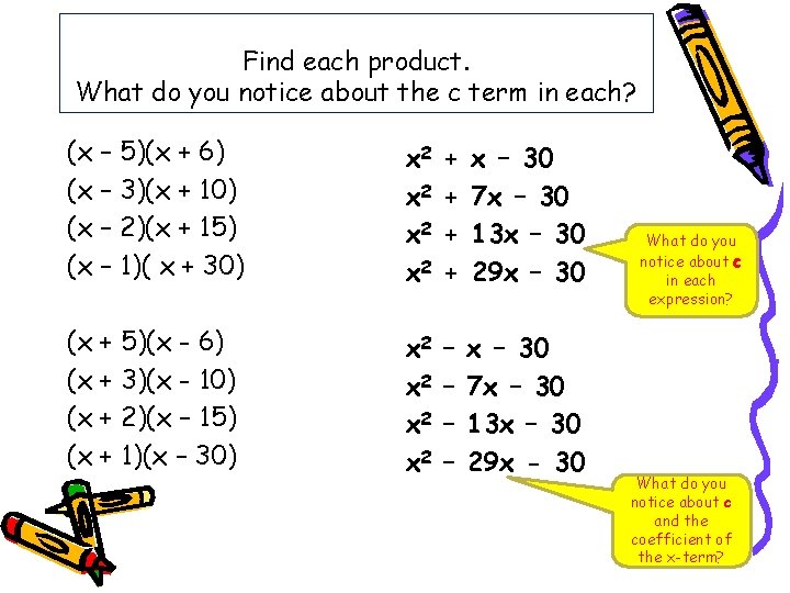 Find each product. What do you notice about the c term in each? (x