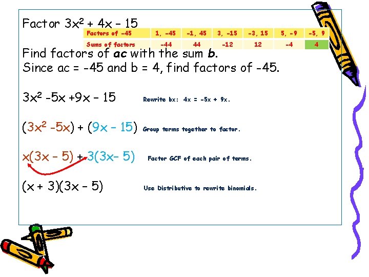 Factor 3 x 2 + 4 x – 15 Factors of -45 1, -45