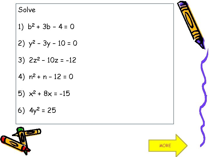 Solve 1) b 2 + 3 b – 4 = 0 2) y 2