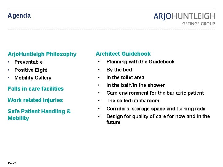 Agenda Arjo. Huntleigh Philosophy Architect Guidebook • Preventable • Planning with the Guidebook •