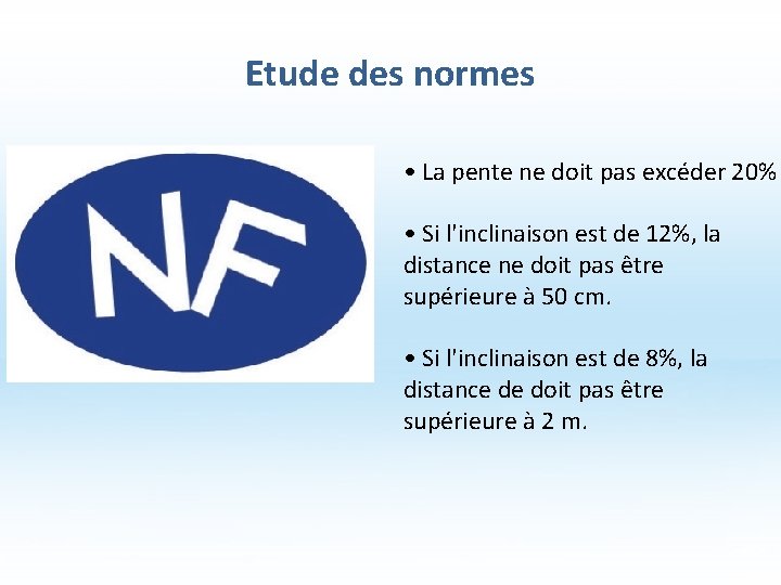 Etude des normes • La pente ne doit pas excéder 20% • Si l'inclinaison