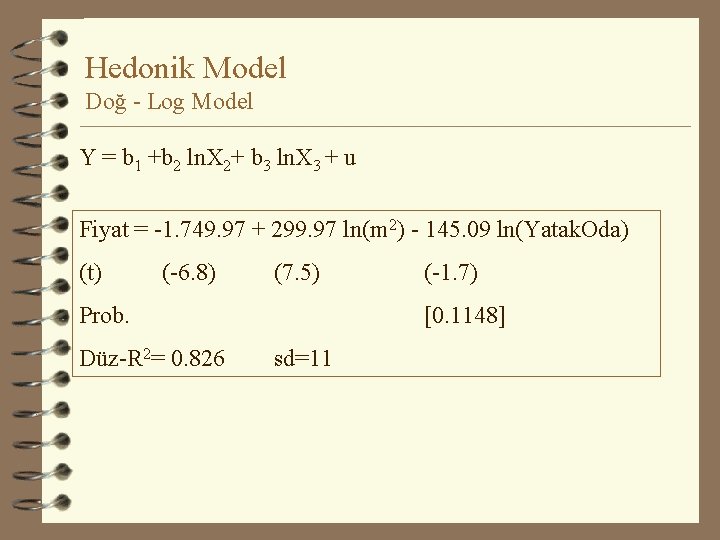 Hedonik Model Doğ - Log Model Y = b 1 +b 2 ln. X