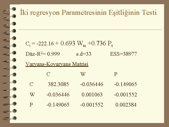 İki regresyon Parametresinin Eşitliğinin Testi Ct = -222. 16 + 0. 693 Wts +0.