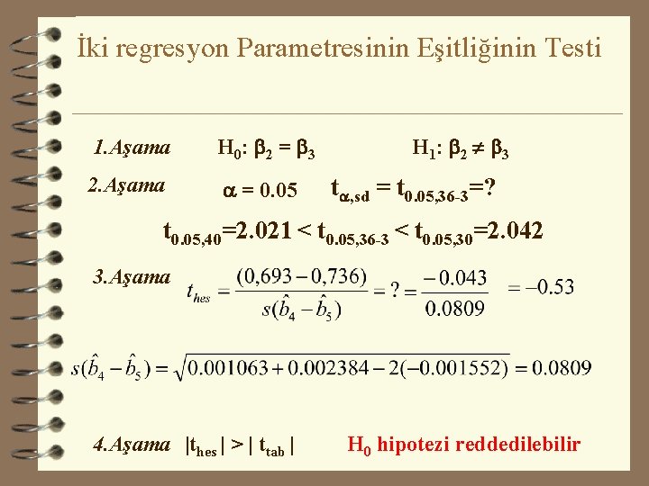 İki regresyon Parametresinin Eşitliğinin Testi 1. Aşama H 0: b 2 = b 3