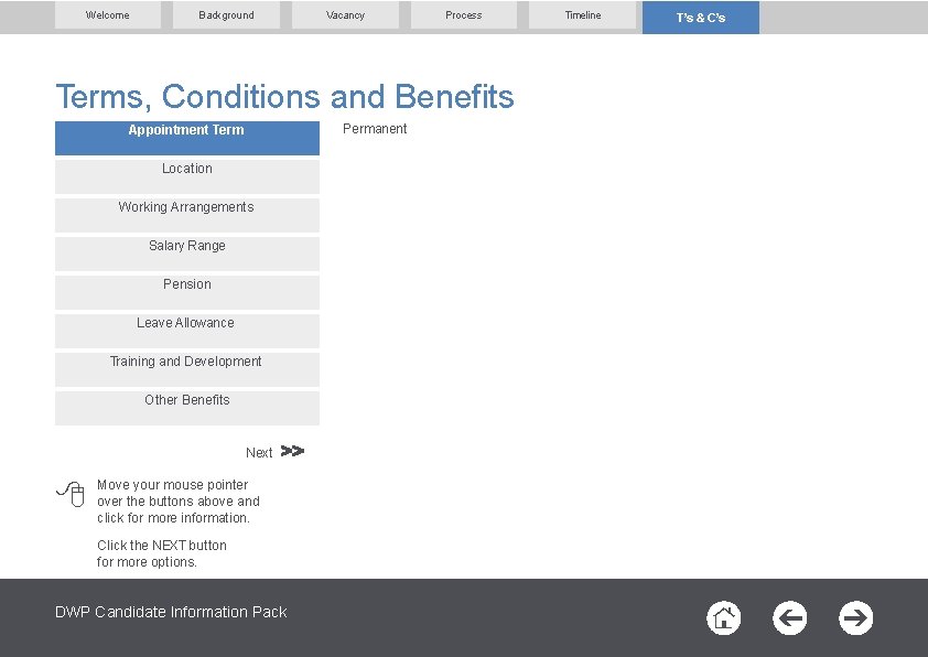 Welcome Background Vacancy Process Terms, Conditions and Benefits Permanent Appointment Term Location Working Arrangements