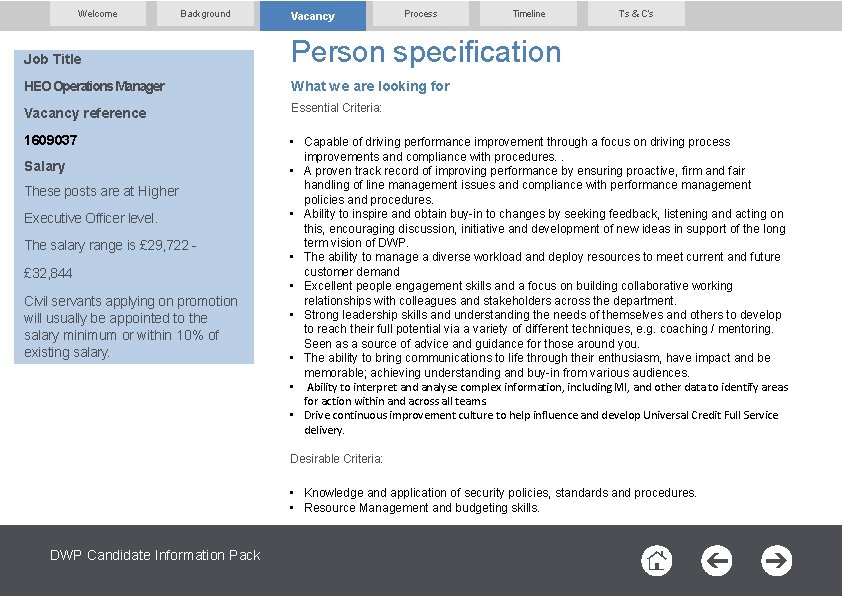 Welcome Background Vacancy Process Timeline T’s & C’s Job Title Person specification HEO Operations