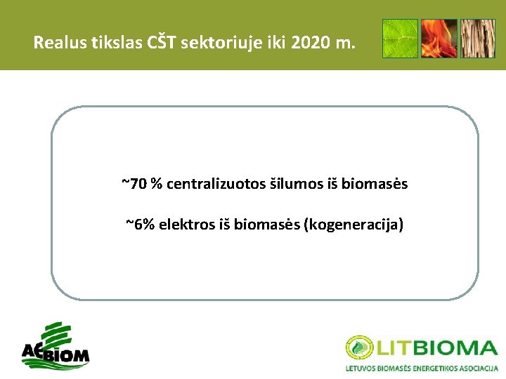Realus tikslas CŠT sektoriuje iki 2020 m. ~70 % centralizuotos šilumos iš biomasės ~6%