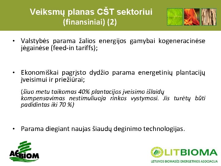 Veiksmų planas CŠT sektoriui (finansiniai) (2) • Valstybės parama žalios energijos gamybai kogeneracinėse jėgainėse
