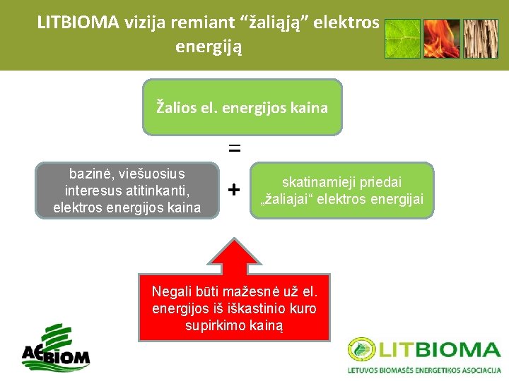 LITBIOMA vizija remiant “žaliąją” elektros energiją Žalios el. energijos kaina = bazinė, viešuosius interesus