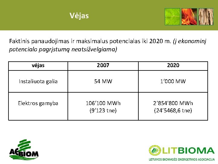 Vėjas Faktinis panaudojimas ir maksimalus potencialas iki 2020 m. (į ekonominį potencialo pagrįstumą neatsižvelgiama)