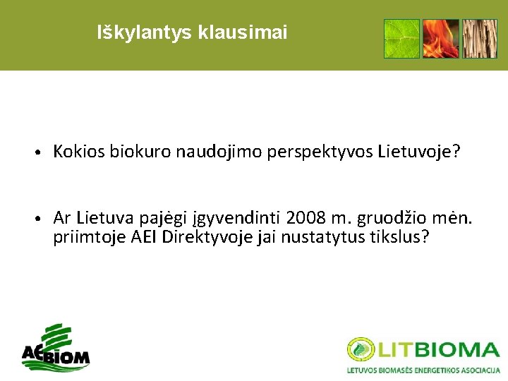 Iškylantys klausimai • Kokios biokuro naudojimo perspektyvos Lietuvoje? • Ar Lietuva pajėgi įgyvendinti 2008