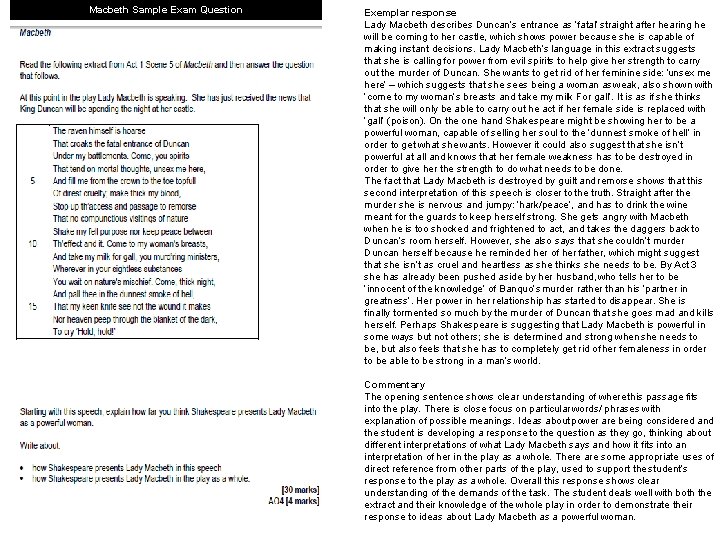 Macbeth Sample Exam Question Exemplar response Lady Macbeth describes Duncan’s entrance as ‘fatal’ straight