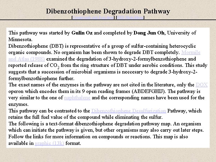 Dibenzothiophene Degradation Pathway [Compounds and Reactions] [BBD Main Menu] This pathway was started by