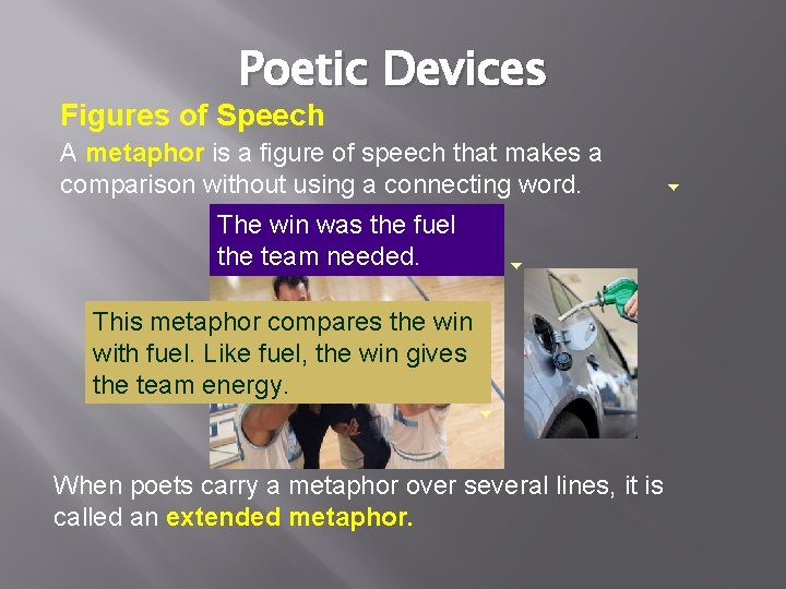 Poetic Devices Figures of Speech A metaphor is a figure of speech that makes