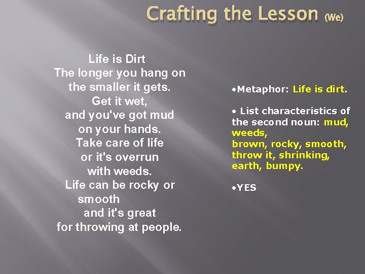 Crafting the Lesson (We) Life is Dirt The longer you hang on the smaller
