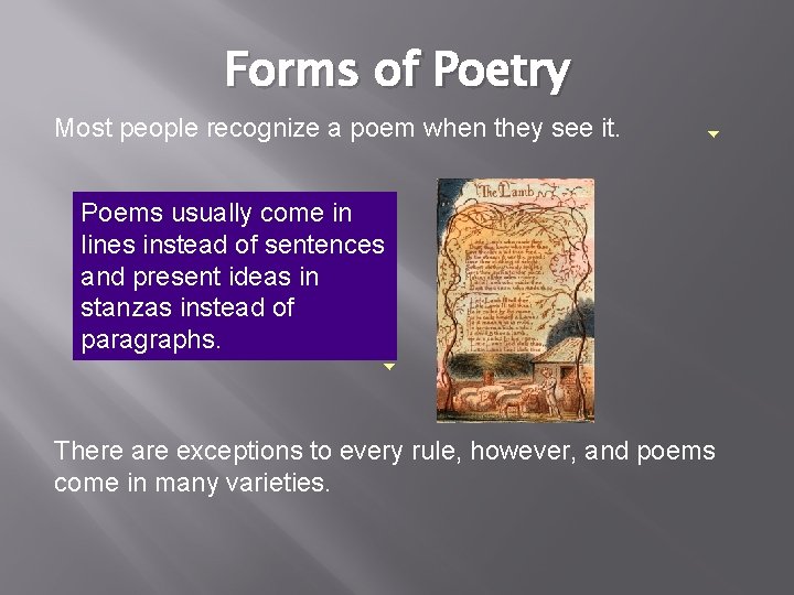 Forms of Poetry Most people recognize a poem when they see it. Poems usually