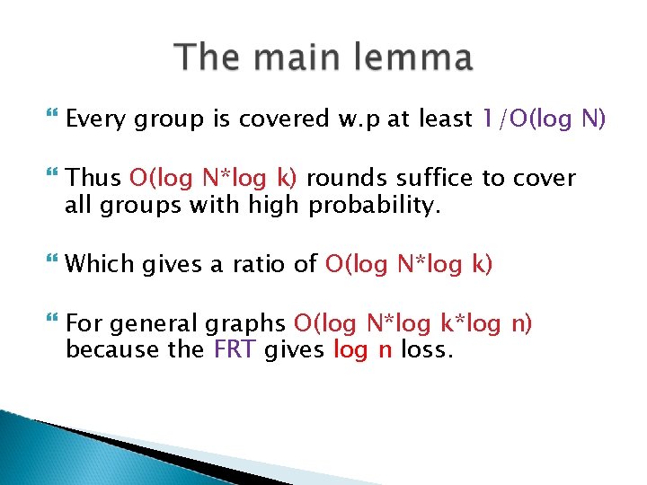  Every group is covered w. p at least 1/O(log N) Thus O(log N*log
