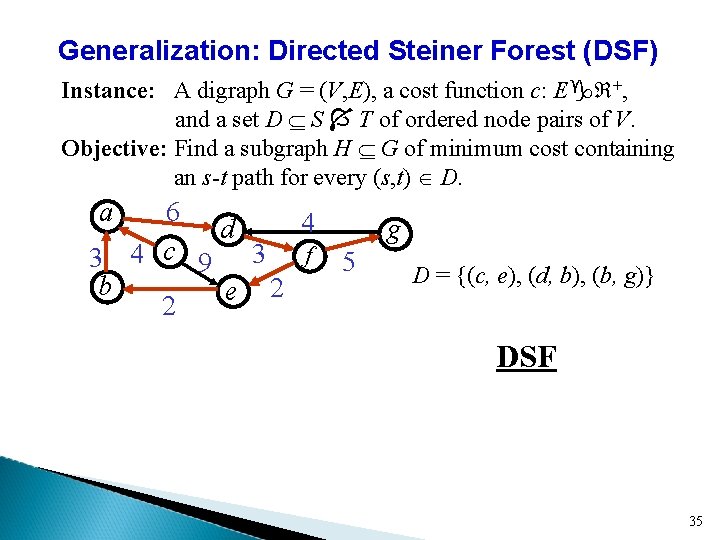 Generalization: Directed Steiner Forest (DSF) Instance: A digraph G = (V, E), a cost