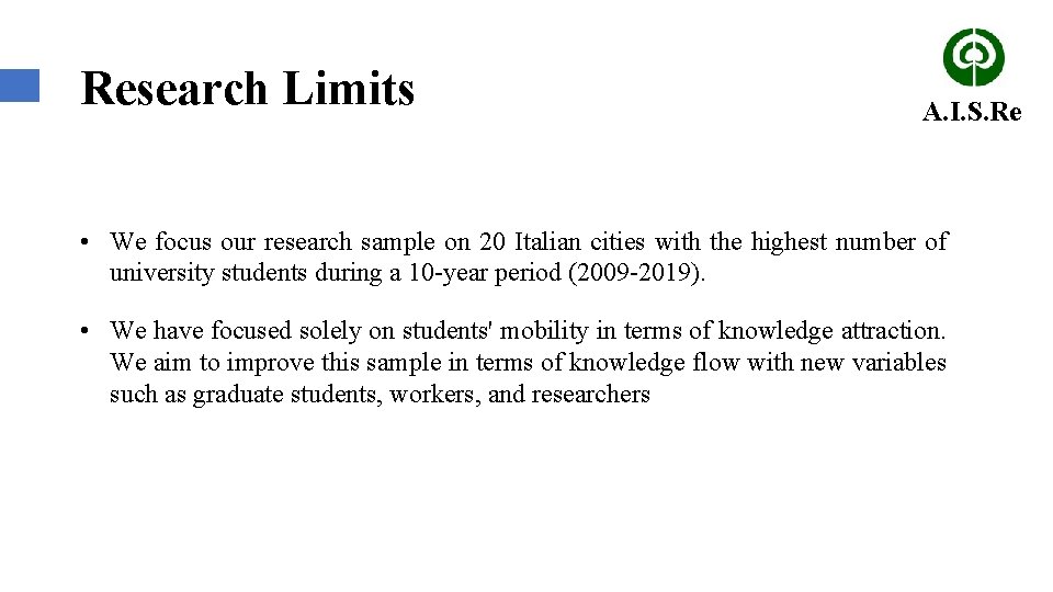 Research Limits A. I. S. Re • We focus our research sample on 20
