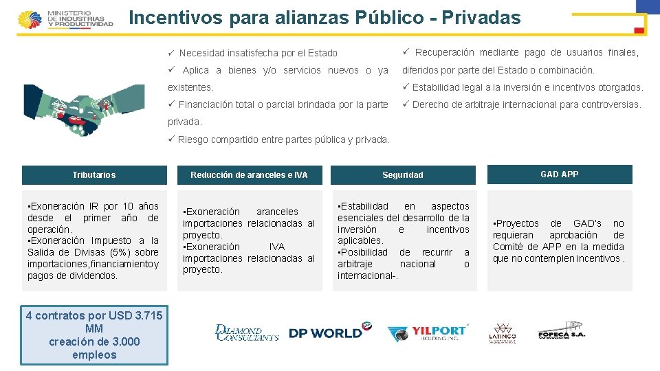 Incentivos para alianzas Público - Privadas ü Necesidad insatisfecha por el Estado ü Recuperación