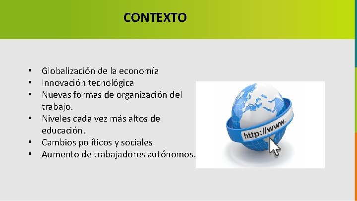 CONTEXTO • Globalización de la economía • Innovación tecnológica • Nuevas formas de organización