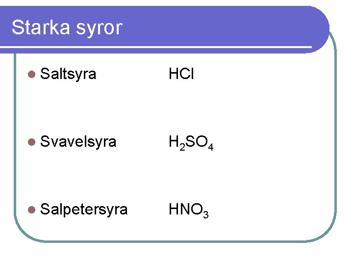 Starka syror l Saltsyra HCl l Svavelsyra H 2 SO 4 l Salpetersyra HNO