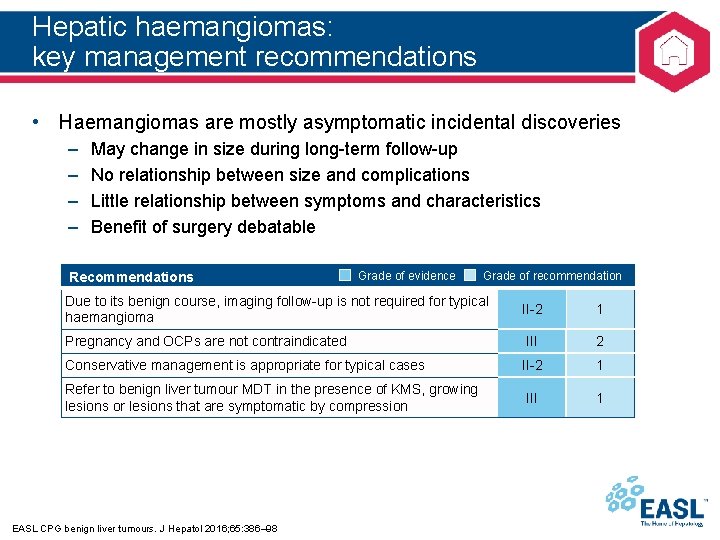 Hepatic haemangiomas: key management recommendations • Haemangiomas are mostly asymptomatic incidental discoveries – –