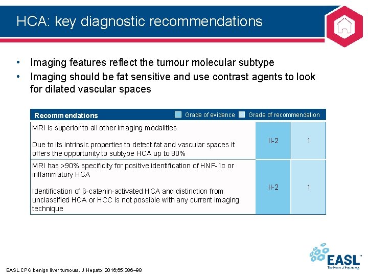 HCA: key diagnostic recommendations • Imaging features reflect the tumour molecular subtype • Imaging